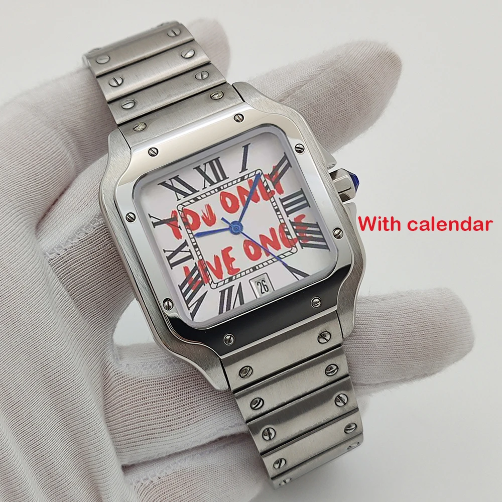 NH35 Square Watch Time is Money, Men's Automatic Watch Roman Case Folding Buckle Bracelet NH35 NH36 Movement Watch