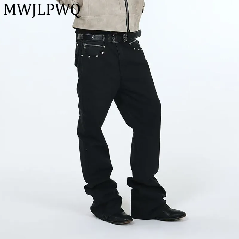 

MWJLPWQ Print Washed Black Jeans Male High Street Irregular Pockets Metal Rivets Design Zipper Stacked Slim Trousers Chic 14423