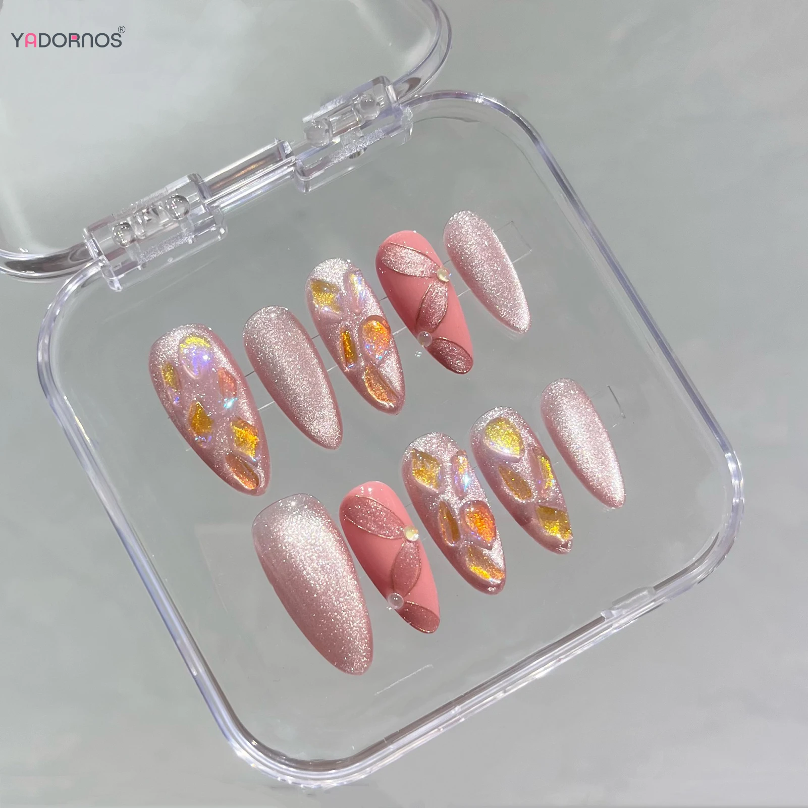 10Pcs Pink Handmade Press on Nails Glossy Cat's Eyes Fake Nails Ballet Almond Charms Manicure Reusable False Nails Tips