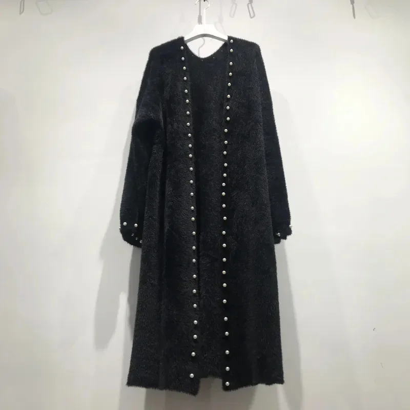 Pop Pop Imitation Mink Fleece Fur Coat Women's Autumn And Winter New Korean Beading Loose Over The Knee Long Sweater Knitted Car