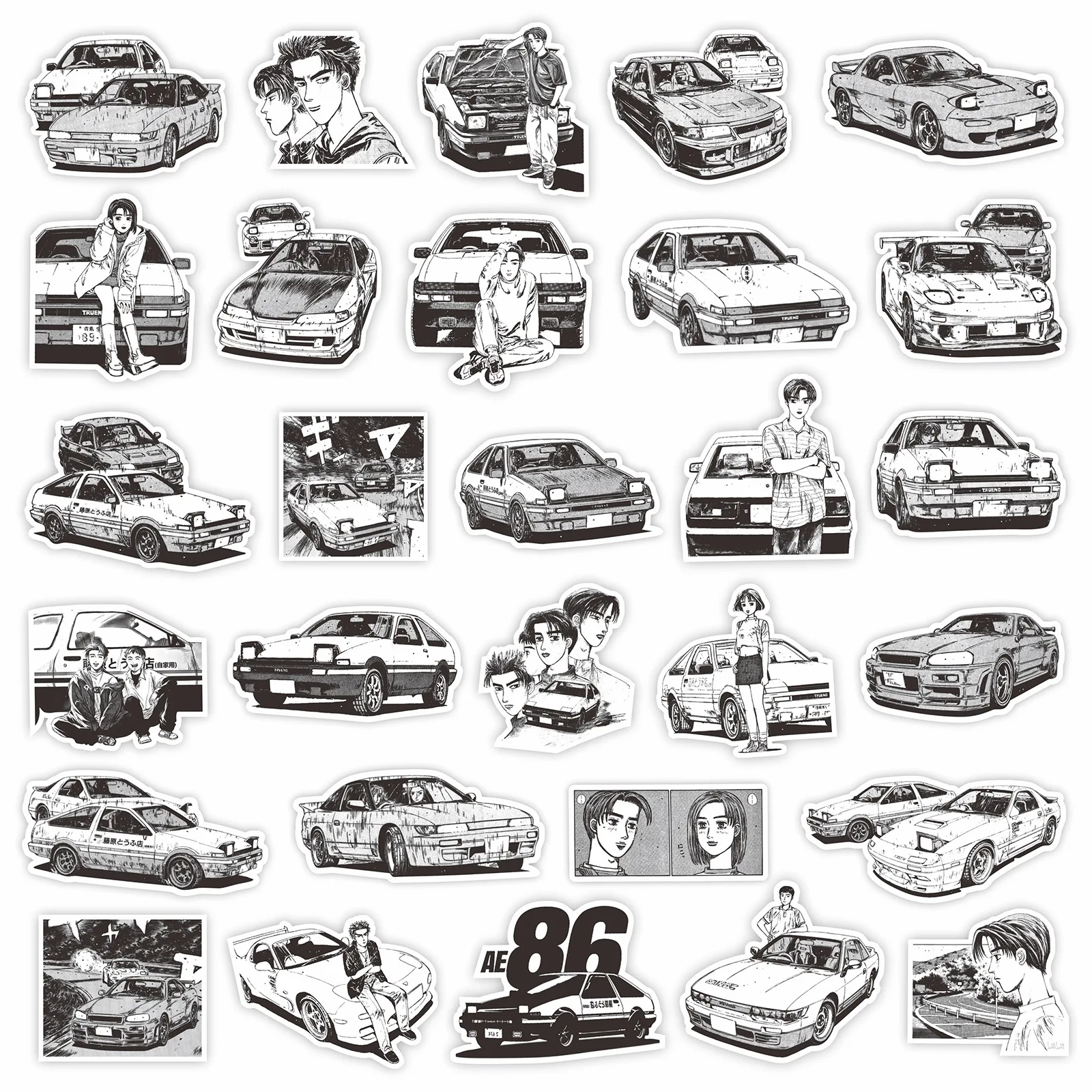 75Pcs Black WhiteJapan Anime Initial D Stickers for Luggage Wall Skateboard Motorcycles Helmet Car Graffiti Sticker Toys