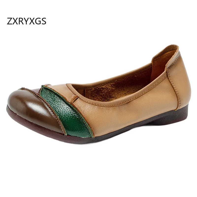 ZXRYXGS Promotion Top Cowhide Spell Color Women Trendy Shoes Flat 2026 Roud Toe Soft Sole Comfortable Flats Fashion Casual Shoes