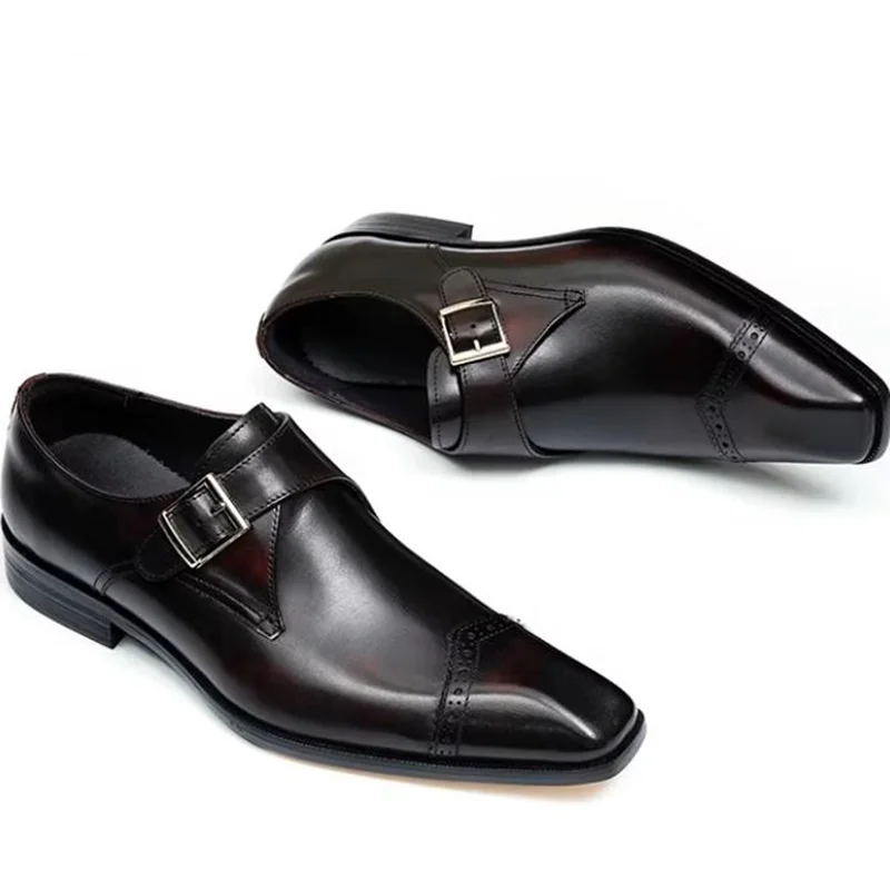 High-end Designer Men's Dress Shoes First-layer Cowhide Squere-toe Monk Strap Shoes For Man Genuine Leather Buckle Formal Shoes