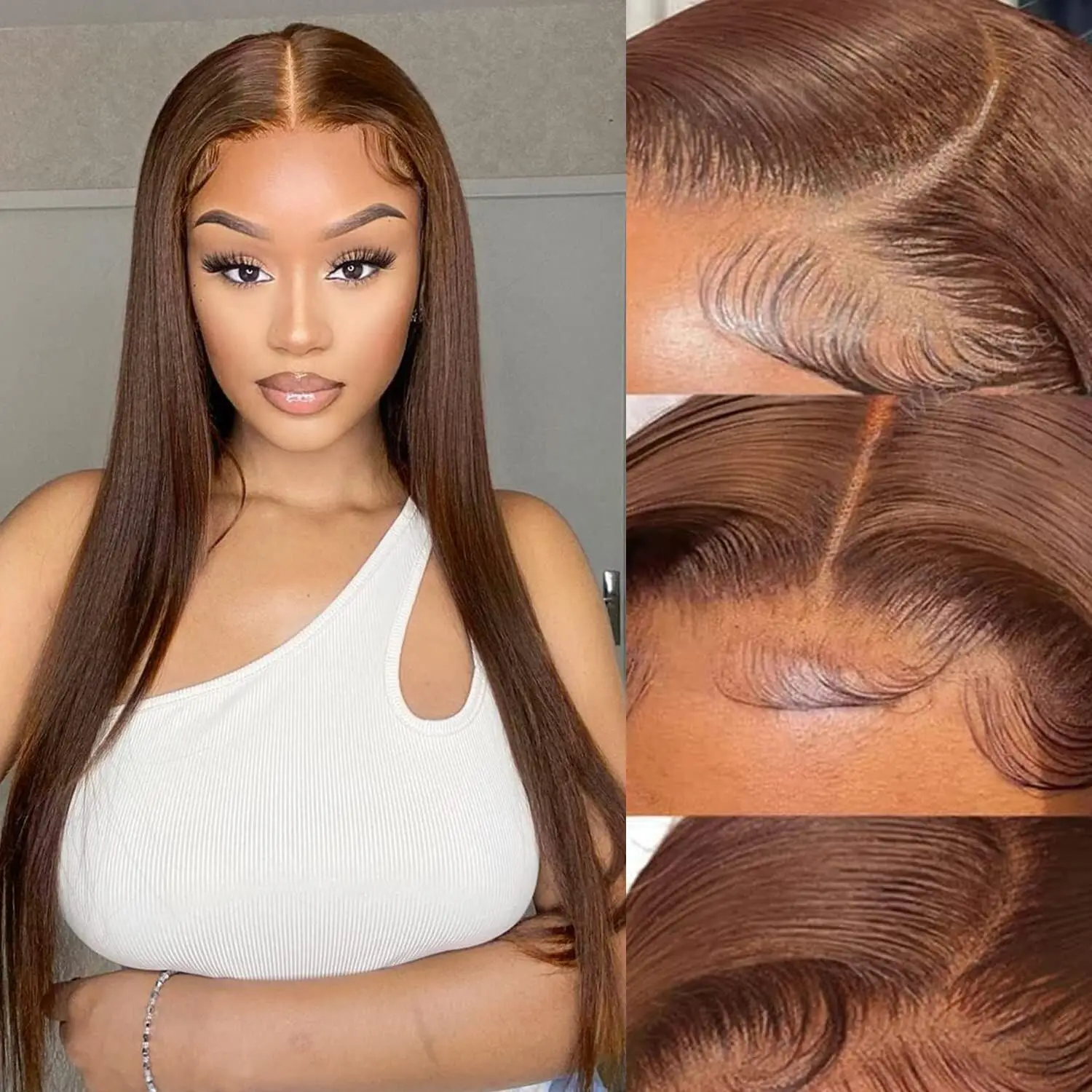 Glueless Lace Front Colored Wig ISEE Hair #4 Chocolate Brown Human Hair Wigs Pre Cut  4X4 Lace Closure Striaght Wigs Wear Go