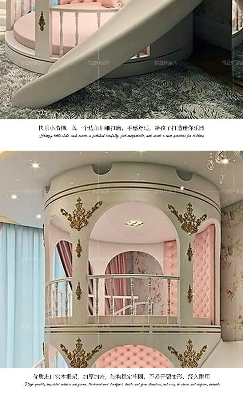 European style All Solid wood girls Girls Dream Castle up and down double deck Princess bed with slide beds for children