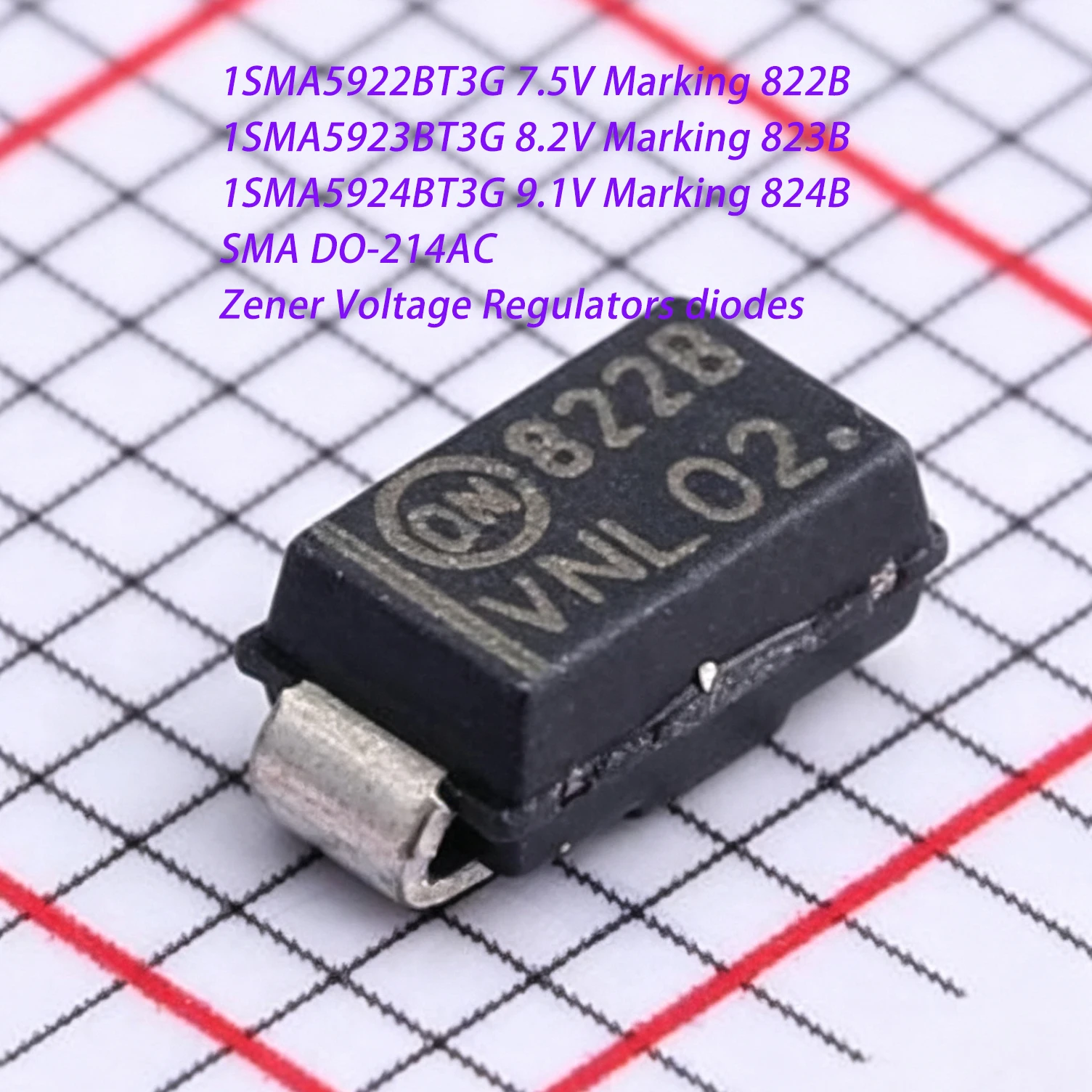 20PCS SMA DO-214AC 1.5W 1SMA5922BT3G 7.5V 1SMA5923BT3G 8.2V 1SMA5924BT3G 9.1V Marking 822B 823B 824B NEW original Zener diodes