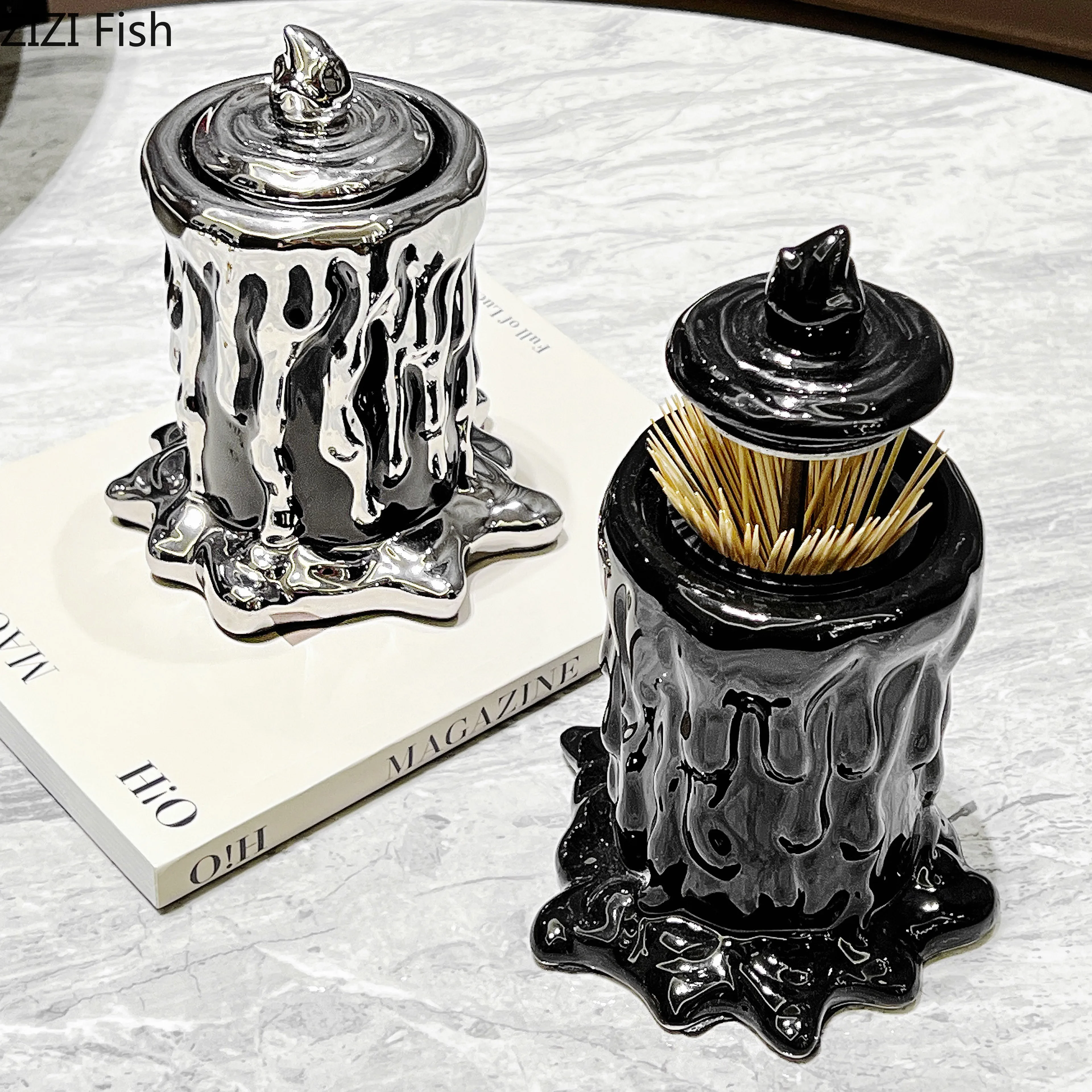 

Ceramic Storage Tank with Lid Toothpick Jar Cotton Swab Jar Press Type Toothpick Holder Automatic Pop-up Function Storage Bottle