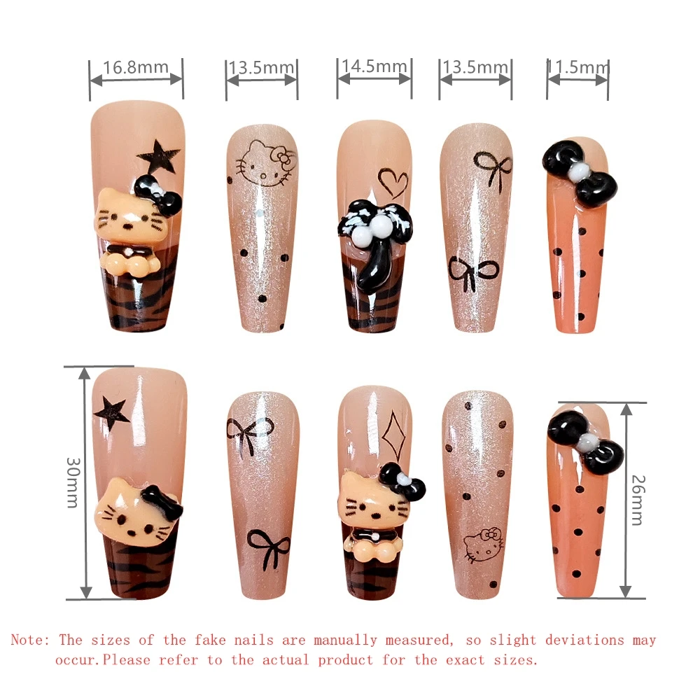 10 個/セット サンリオ手作りフレンチプレスオンネイル、キャラメルハローキティシリーズフェイクネイル、再利用可能で日常着に多用途