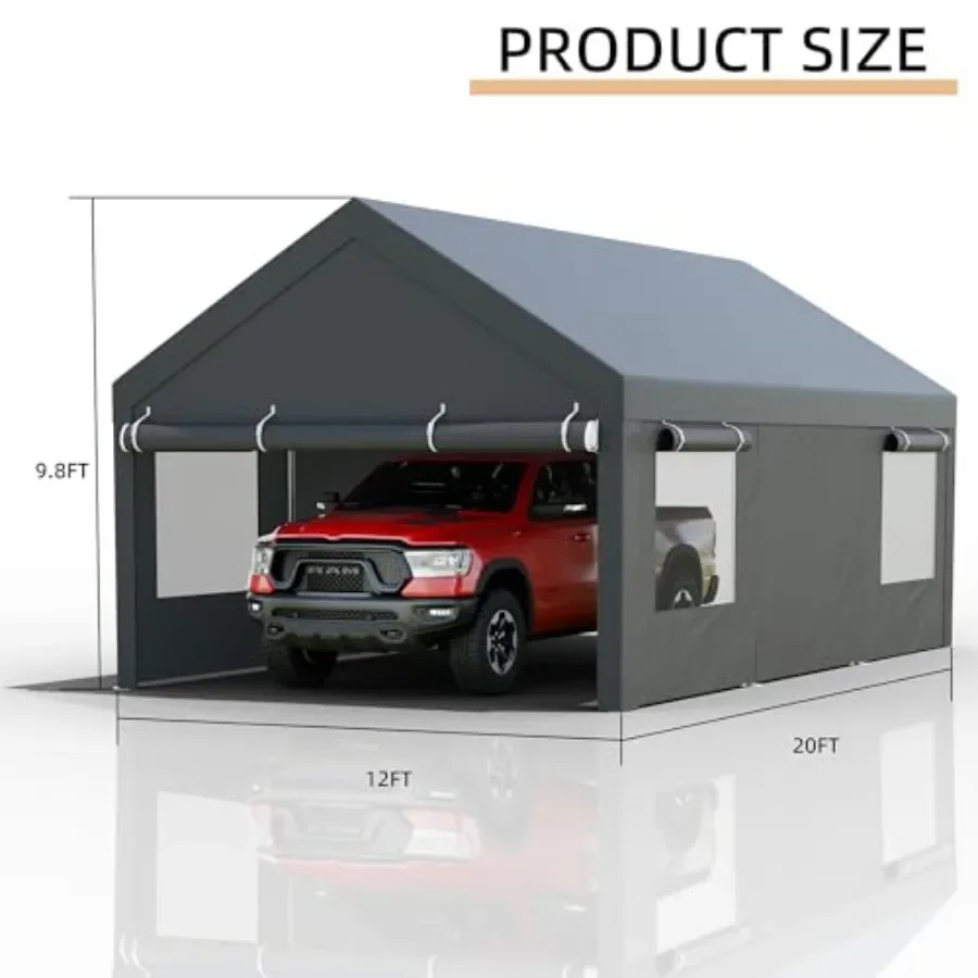 Carport for cars, trucks, boats: heavy-duty steel frame, grey all-season tarp, removable side walls and doors, roll-up window,
