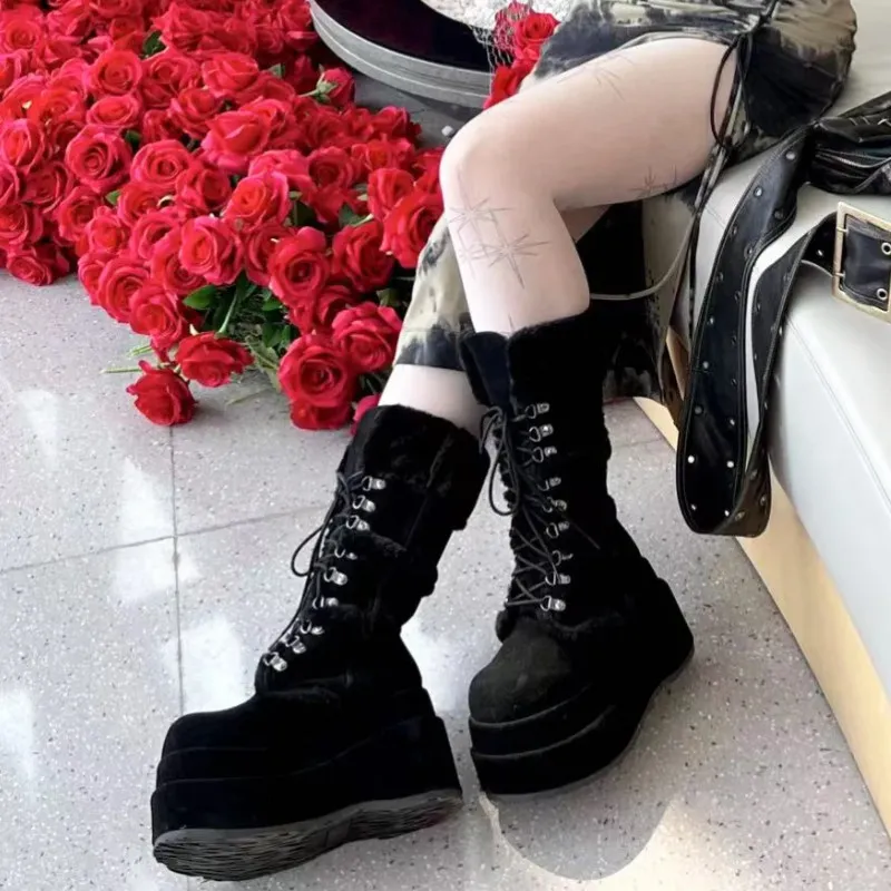 Gothic Y2K Punk Women Knee High Knight Boots, Harajuku Platform Thick Sole Lace Up Tall Boots, Winter Spicy Girl Fashion Boots