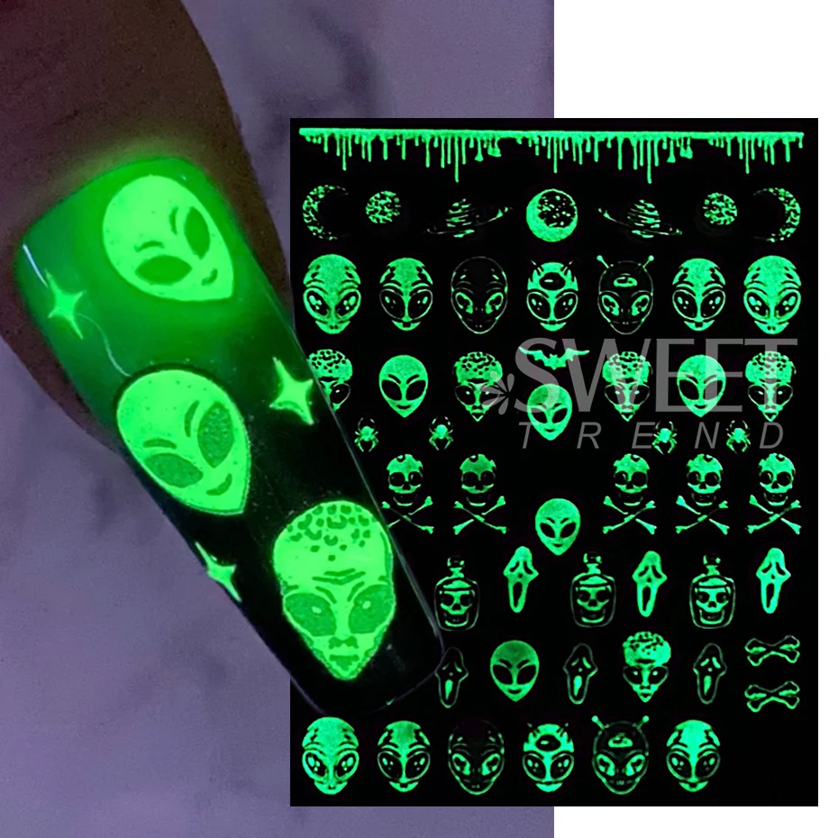 3D Luminous Nail Stickers Decals Black White Spider Web Skull Alien Planet Glow In The Dark Halloween Manicure Foils Tattoo Tips