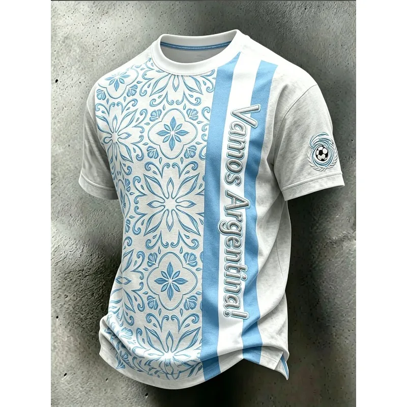 Sky Blue Striped 3D Floral Soccer Print T-Shirt Soft Breathable Short Sleeve Casual Fashion Athletic Tee For Daily Street Wear