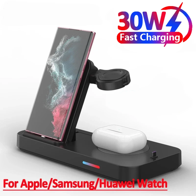 30W Wireless Charger Stand Fast Charging Dock Station For Apple Watch Samsung Huawei iPhone 15 14 13 12 Pro Max AirPods Earbuds