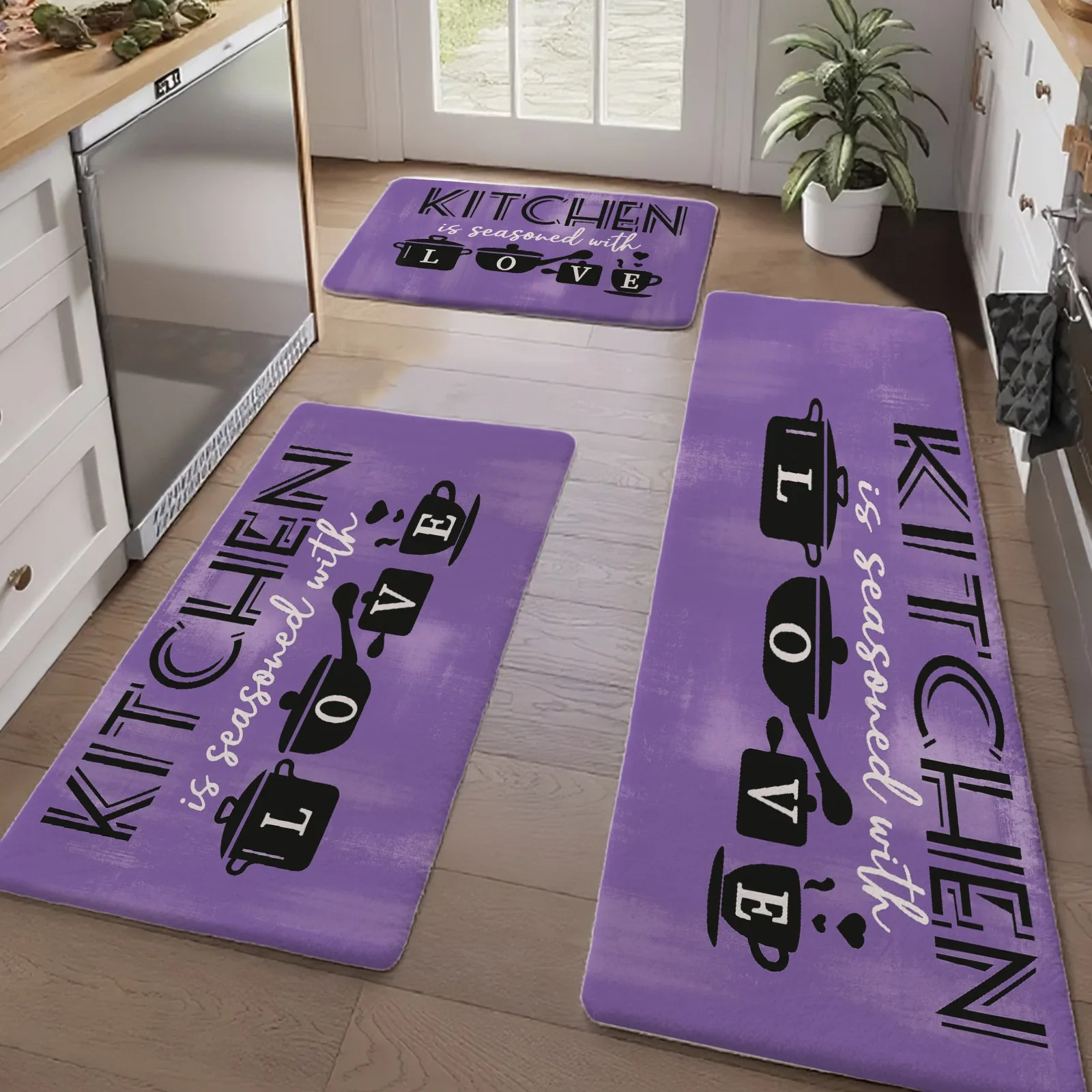 Purple Kitchen Love Letters Floor Mat 1/2/3pc Home Decor Laundry Bedroom Hallway Living Room Non Slip Doormat Rugs Anti fatigue