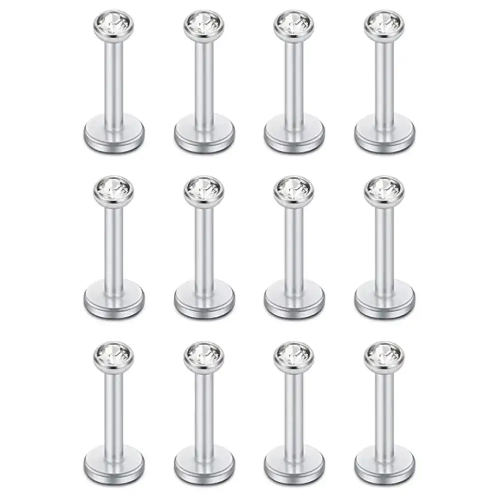 12PCS 16G 3mm Shiny CZ Labret Monroe Lip Ring Tragus Nail Helix Earring Stud Fashion Body Piercing Jewelry Bar Length 6-12mm