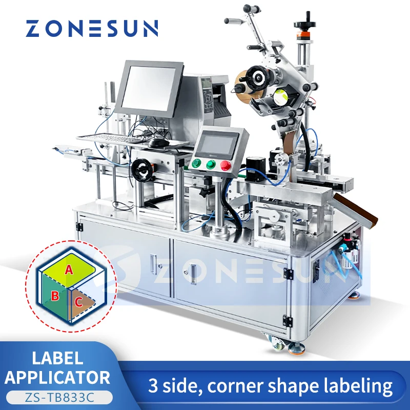 ZONESUN Automatic 3-side Flat Surfaces Corner Labeling Machine Label Applicator Plastic Box Book Sticker Equipment ZS-TB833C