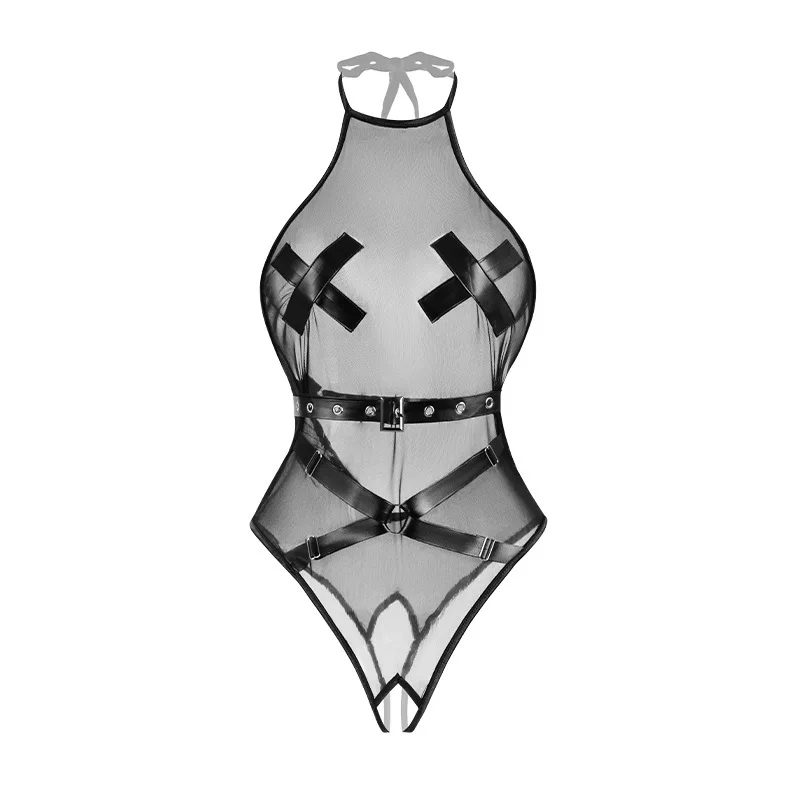 

Sexy Mesh See Through Black Bodysuit Women Underwear Demon Cosplay Costume Leather Belt Backless Deep V Outfits Girl Nightwear