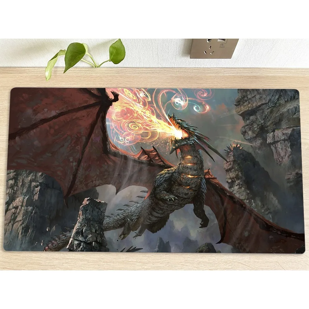 Epic Fire Dragon Large Gaming Desk Mat Magic Swirl Rocky Mountain Canyon Premium Non Slip Rubber TCG Playmat Gift for Tabletop