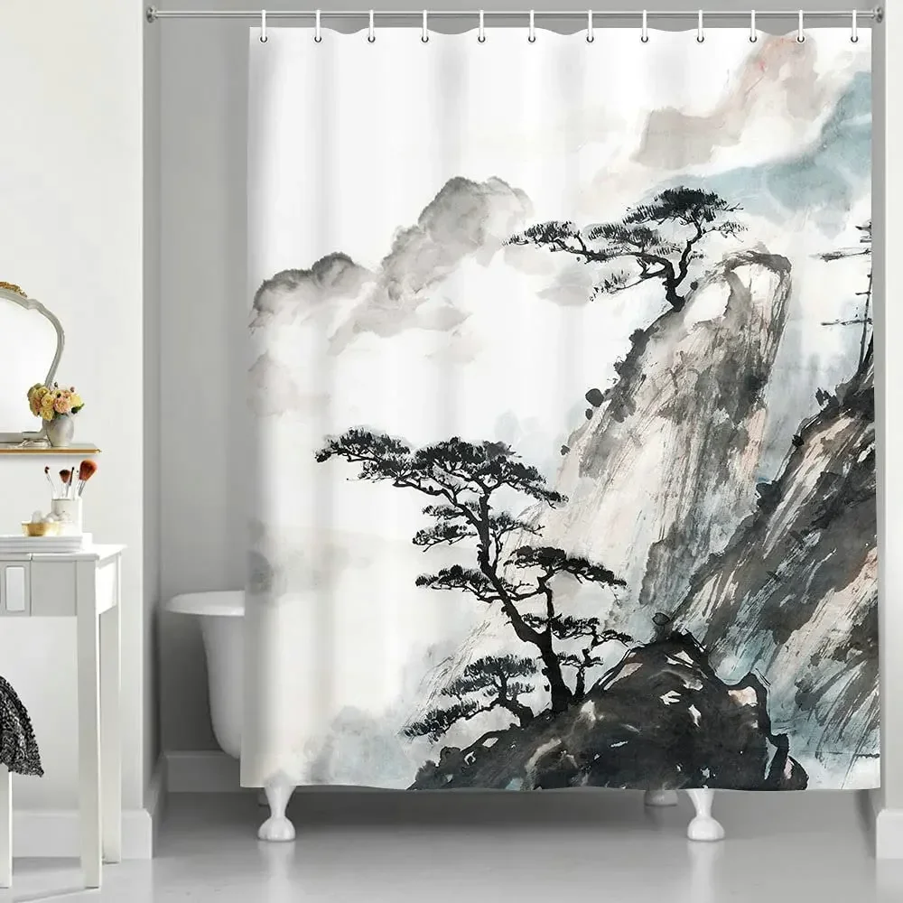 Scenic Shower Curtain Chinese Abstract Art Black Mountain Pine Tree Ink Painting Bathroom Waterproof Polyester Fabric Curtains