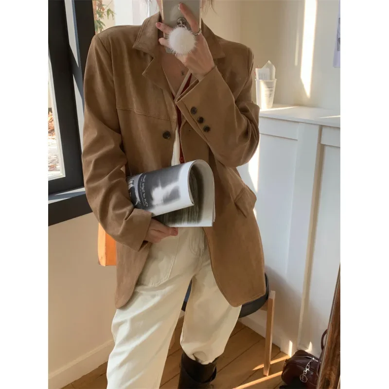 أنيقة الكورية نمط المرأة سترة من جلد الغزال الخريف الشتاء عادية خمر التلبيب معطف أنيق الترفيه موضة ملابس خارجية معطف