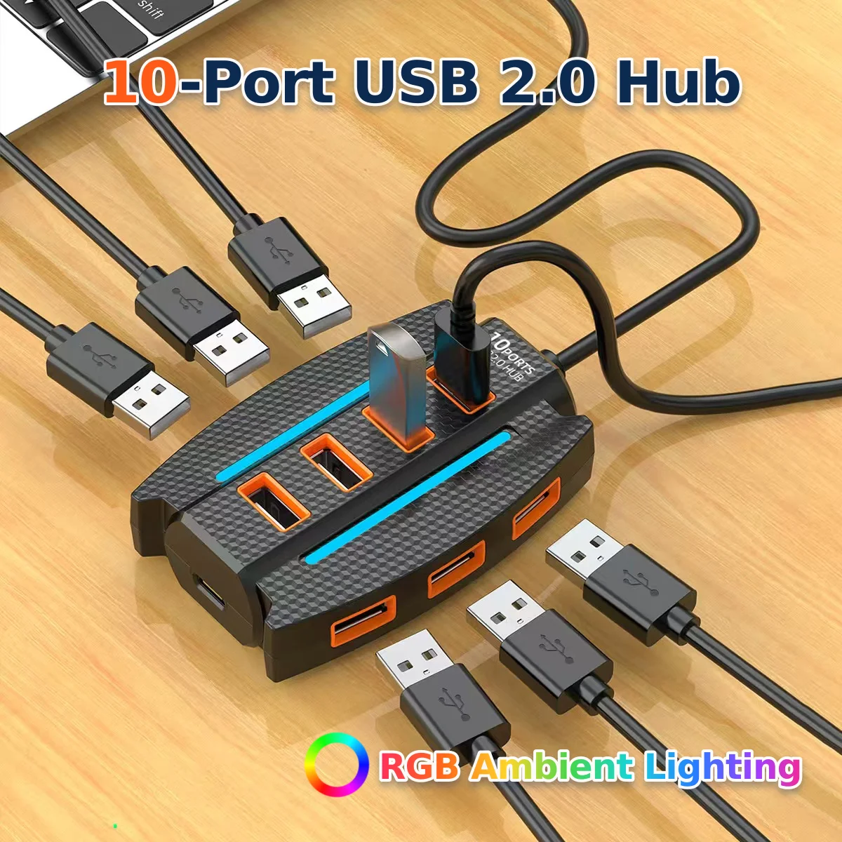 10‑Port USB 2.0 Hub with RGB LED Light, Type‑C Auxiliary Power Supply Plug‑Play Multi‑Port Expander for PC Keyboard Mouse U Disk