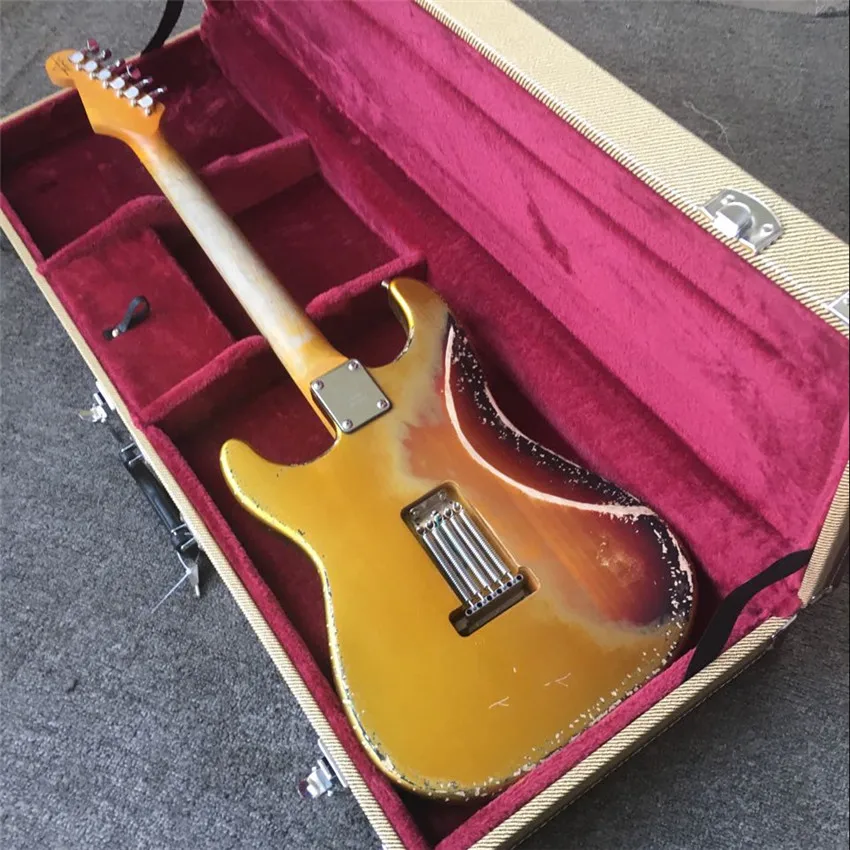 The new 6-string relic electric guitar features a sunset color set in gold. All colors are available, free shipping, wholesale a