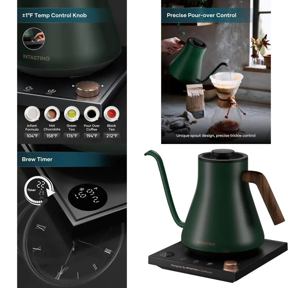 

Precise Temp Gooseneck Electric Kettle, ±1°F Control, Stainless Interior, Fast Heating, 0.9L Hunter Green for Coffee, Tea, Hot W