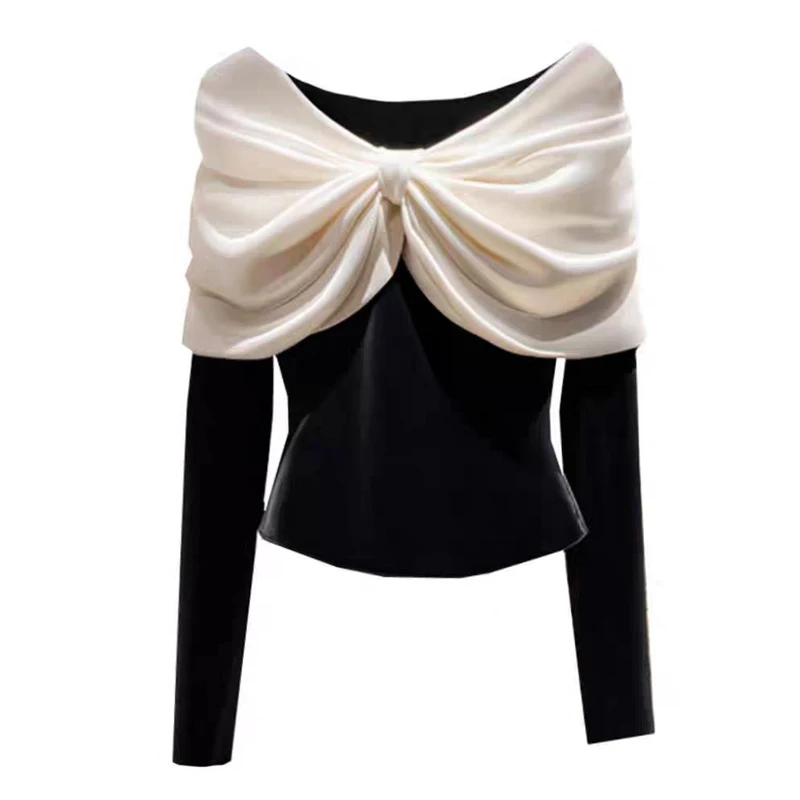 

Autumn Winter Women Shirt Fashion Long Sleeve T-Shirts High Street Bow Patchwork Pullovers Elegant Vintage All-match Tops