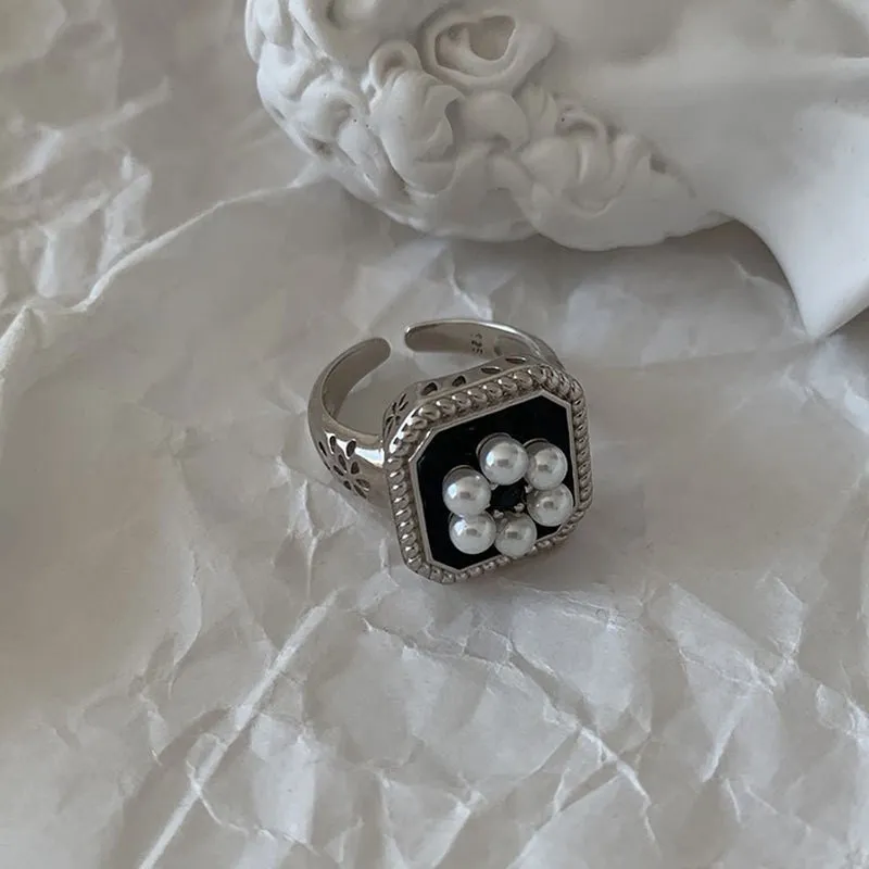 

Женское модное ретро-кольцо K Pearl Wind Ring с цветочным узором, открытое, на указательный палец, в корейском стиле, серебряное, креативное