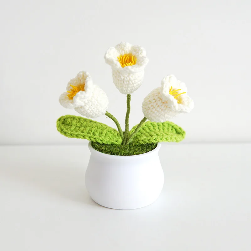 Handmade Crochet Potted Plant Flower - Forget-me-Not Woven Design Office Desktop Car Interior Ornament Unique Automotive Gift