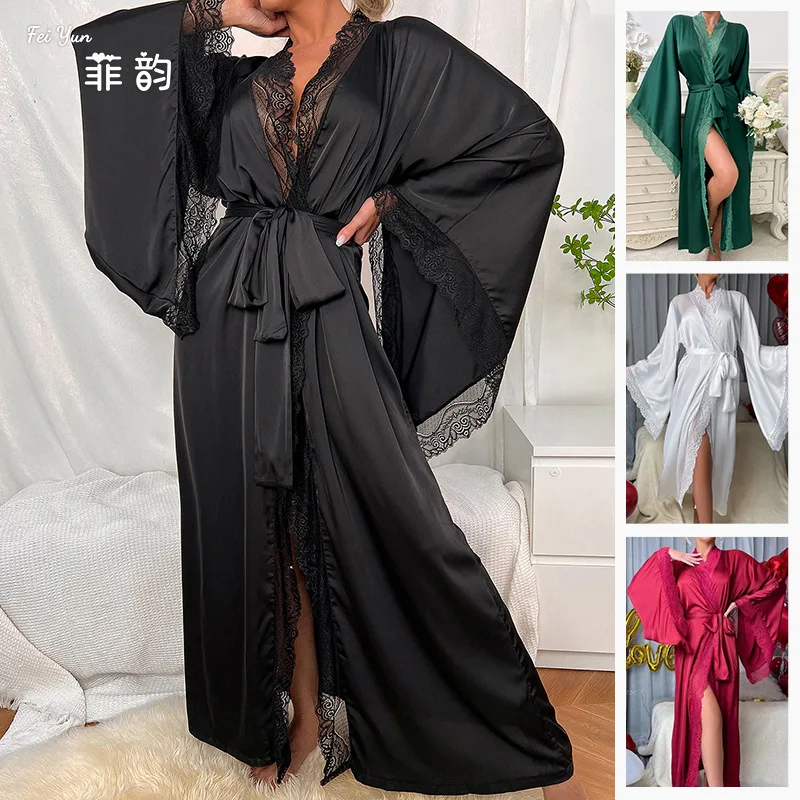 

Feiyun cross-border new satin pajamas women's lace light luxury long-sleeved cool nightgown bathrobe home wear women