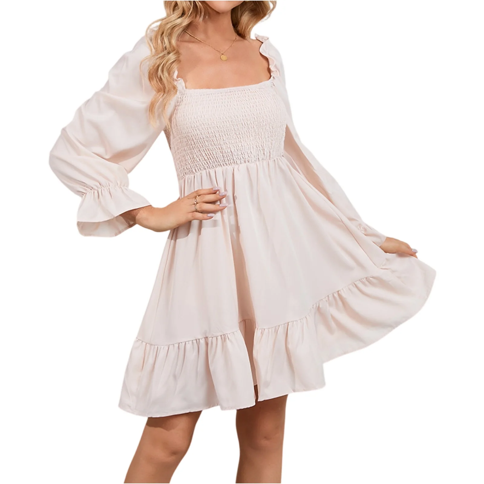 فساتين نسائية كاجوال بسيطة برقبة مربعة بلون سادة وأكمام طويلة فساتين صيفية مكشكشة ربيعية مرقعة بوهو فستان حفلات الكوكتيل مزين بالزهور