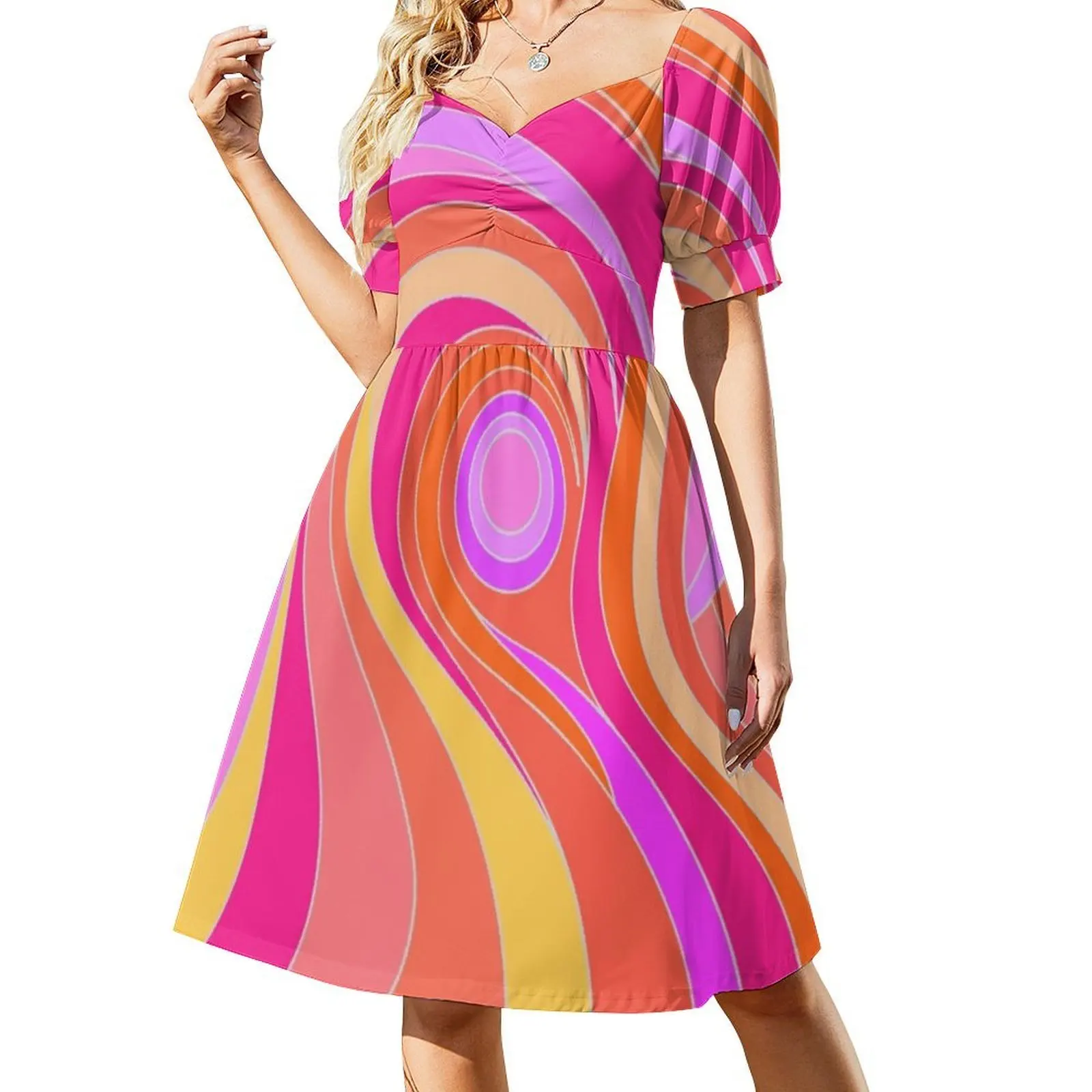Rosa abstrato psicodélico retro design querida decote vestido elegante vestido de festa de verão para mulheres hippie flor vetor