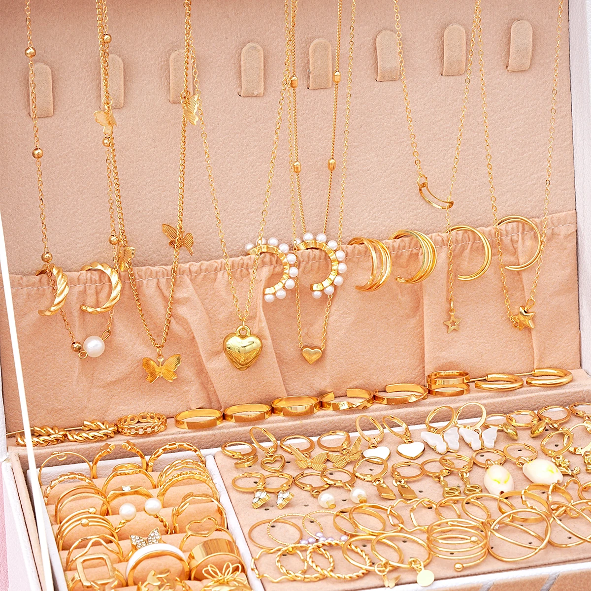114-piece Jewelry Set Lovely Atmosphere Lady Punk Pearl Metal Ring Earring Necklace Set