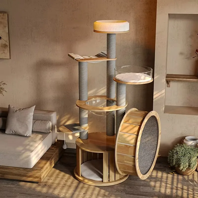 

Luxury Climbing Scratching Kraft Paper Rope Column Sisal Post Rubber Wood Running Exercise Wheel Pet Treadmill Cat Tree Tower
