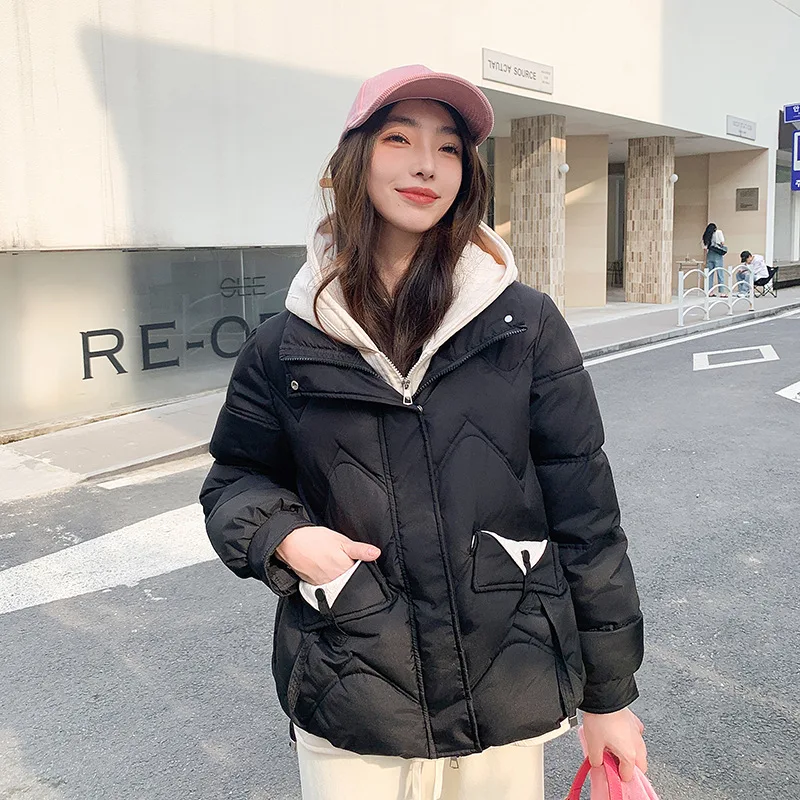 Women's Fall Winter Tops Jacket Cotton Coat Fake Two Piece Thickened Short Hooded Warm Niche Design Sense Casual Soft Fashion