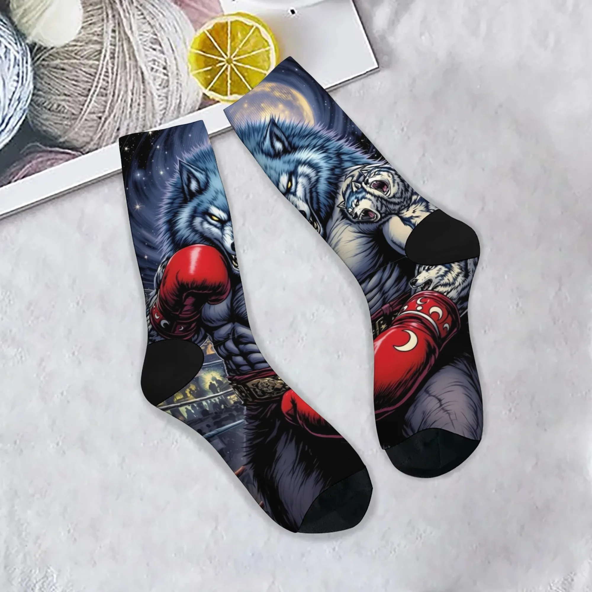 Boxing Wolf Herrensocken Neuheit Lustige Kompressionssocken Atmungsaktive rutschfeste lässige Trendsocken Crazy Street Hip-Hop-Socken Geschenk