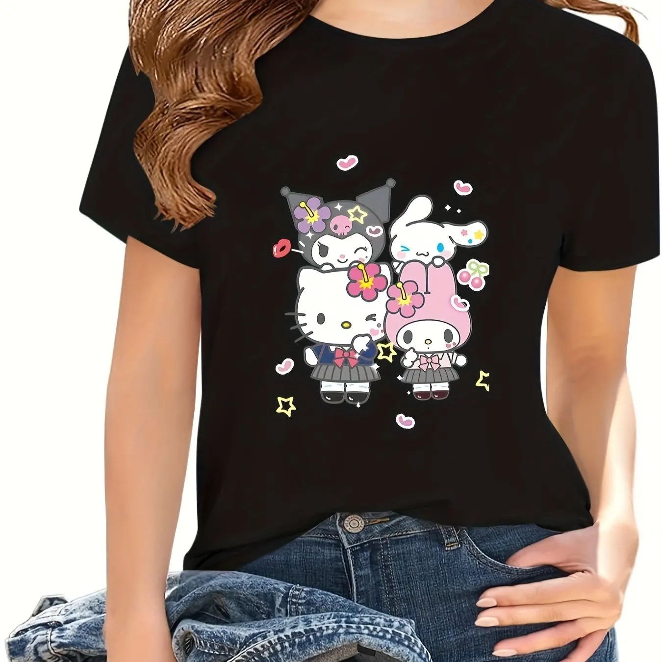 

Sanrio Hello Kitty Kuromi хлопковая футболка с мультяшным принтом Y2K, женская милая стильная свободная большая футболка с короткими рукавами для пар