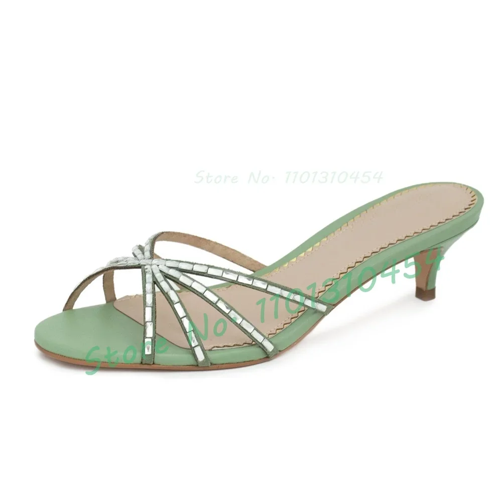 Crystal Cross Strap Med Heel Slippers Women Concise Bling Crocodile Metallic Opene Toe Slippers Ladies Summer Shallow Shoes