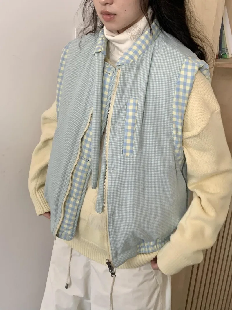 Korean Winter Plaid Design Sleeveless Vest Streetwear Harajuku Japan Office Lady Punk Parkas Y2k Button Subcultural Girl Clothes