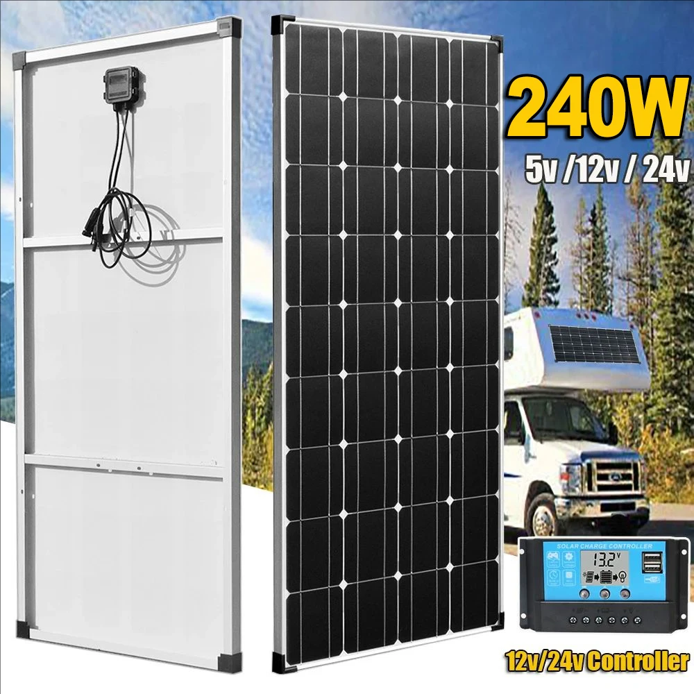 Panneau solaire rigide 240W 120W avec cadre en aluminium, kit de chargeur de batterie 12V, système de panneaux photovoltaïques, plaque solaire, pour maison, balcon, camping-car, caravane