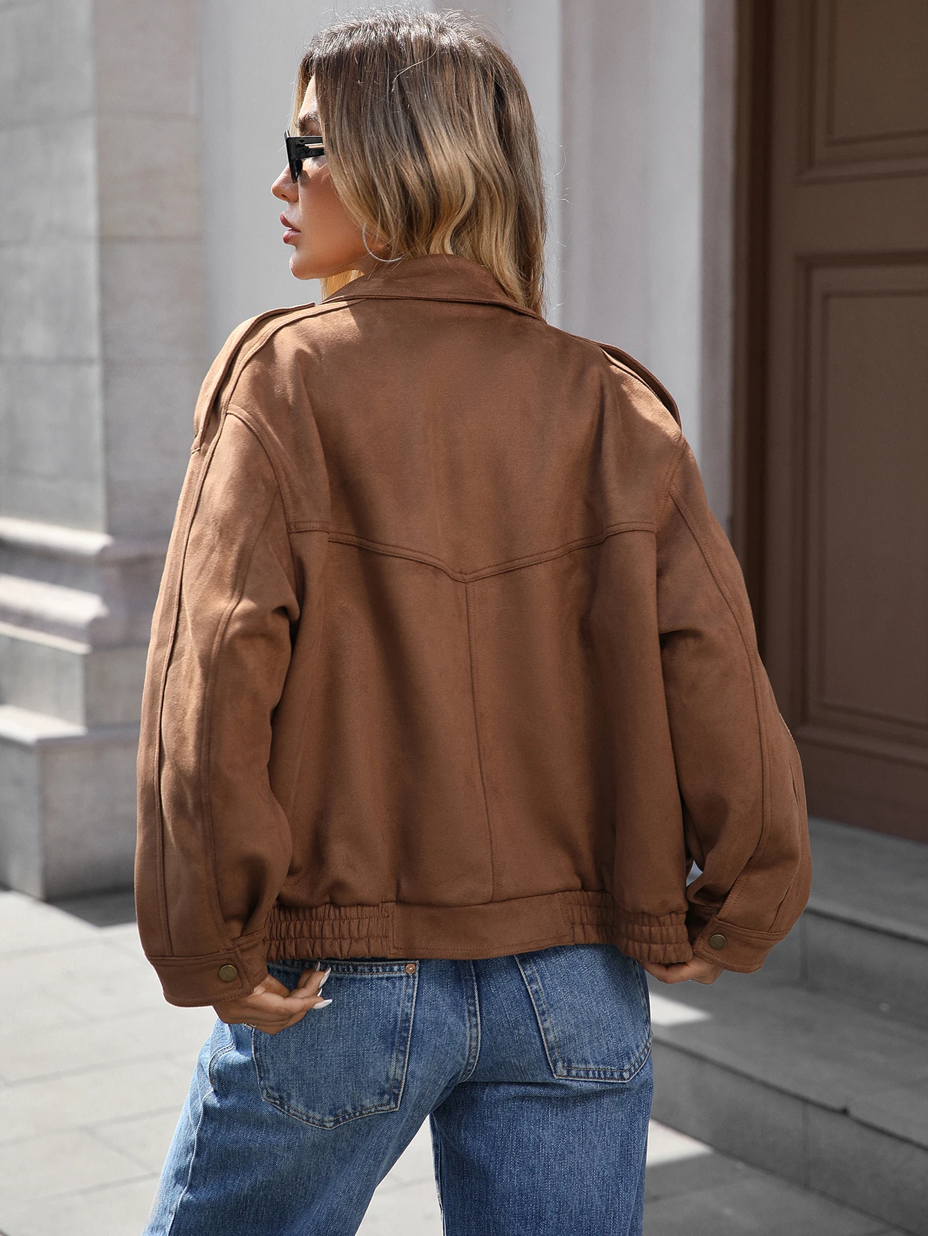 سترة نسائية قصيرة من جلد الغزال الصناعي معطف نباتي لراكبي الدراجات النارية ملابس خارجية عصرية للخريف