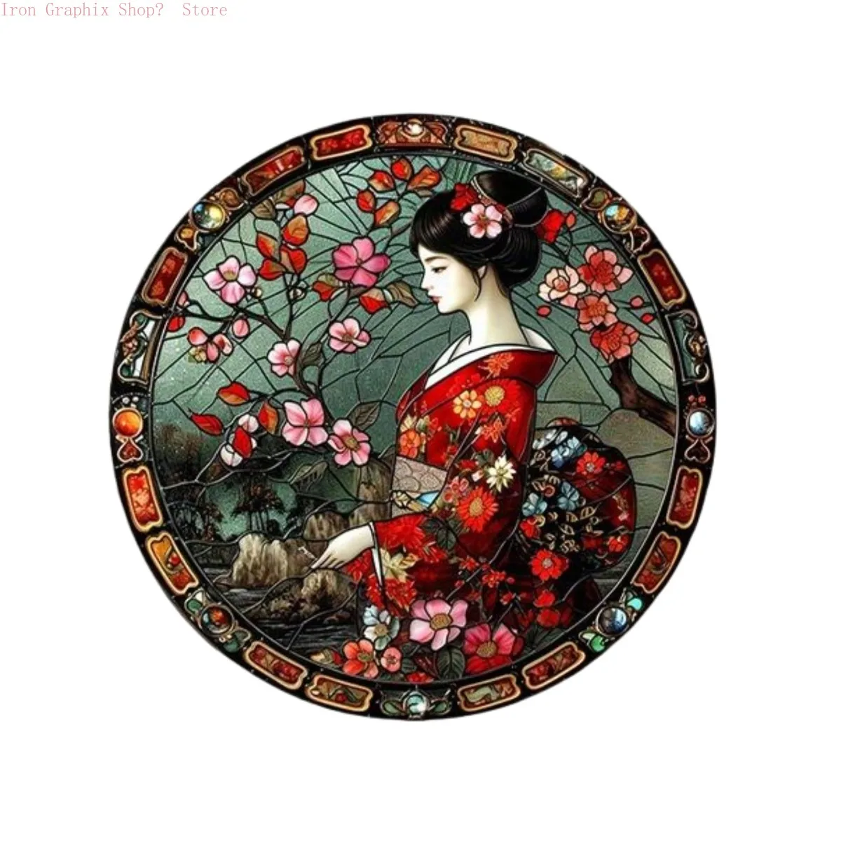 Round Wooden Sign 2D Flat with Japanese Kimono Wreath Design, Wall Hanging Decorative Plaque for Bar Club Home Decor