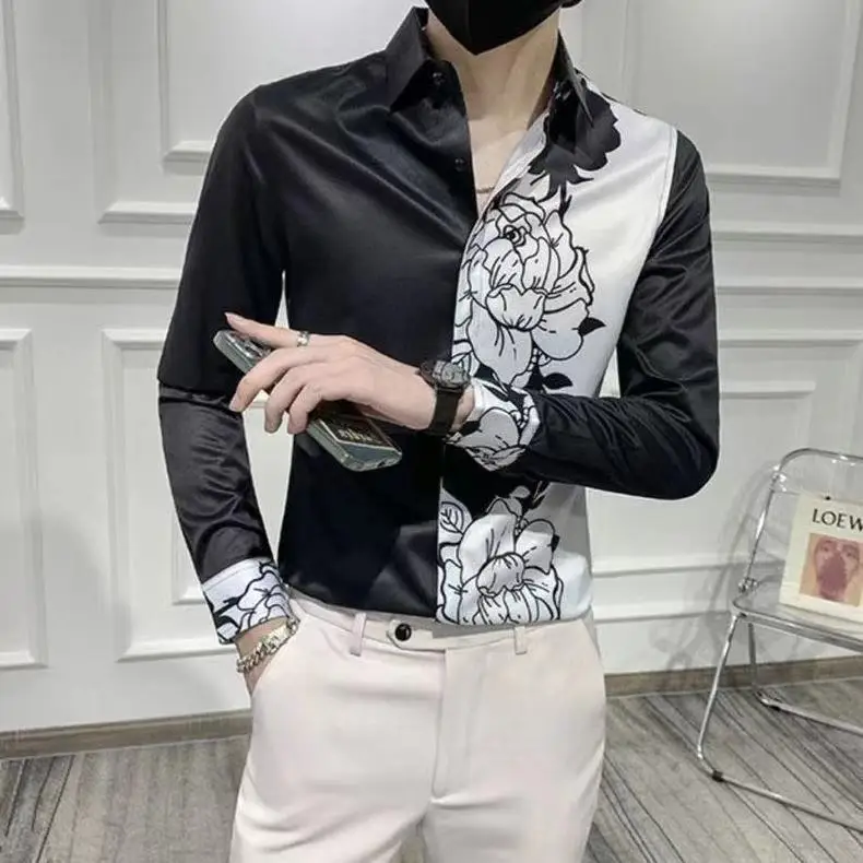 Spring Autumn Korean Fashion Contrast Color Loose Casual Shirt Hombre Long Sleeve Printed Patchwork Blouse Male Buttons Tops Men