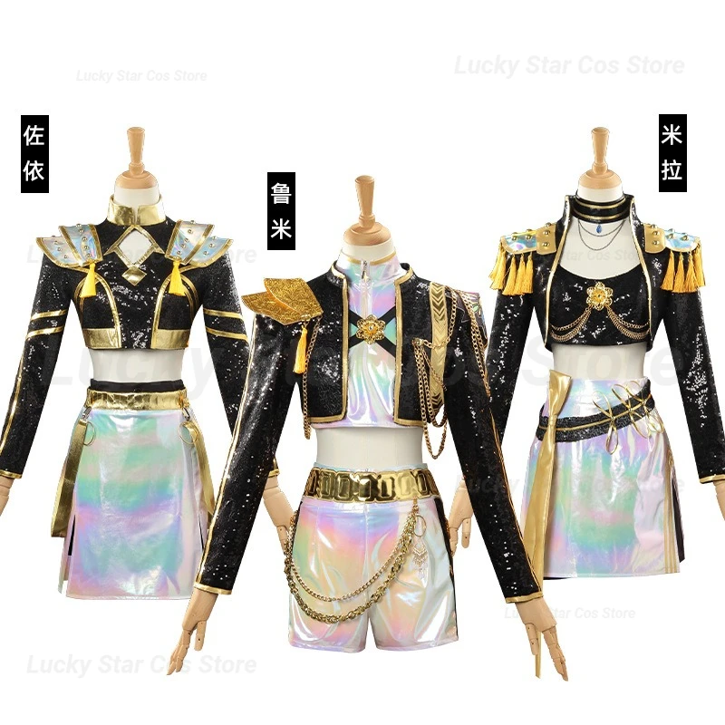 

Rumi Cosplay Costume Black Gold Stage Costume for Demon Hunters Uniform Huntrix Performance Halloween Party adult Kids Sets