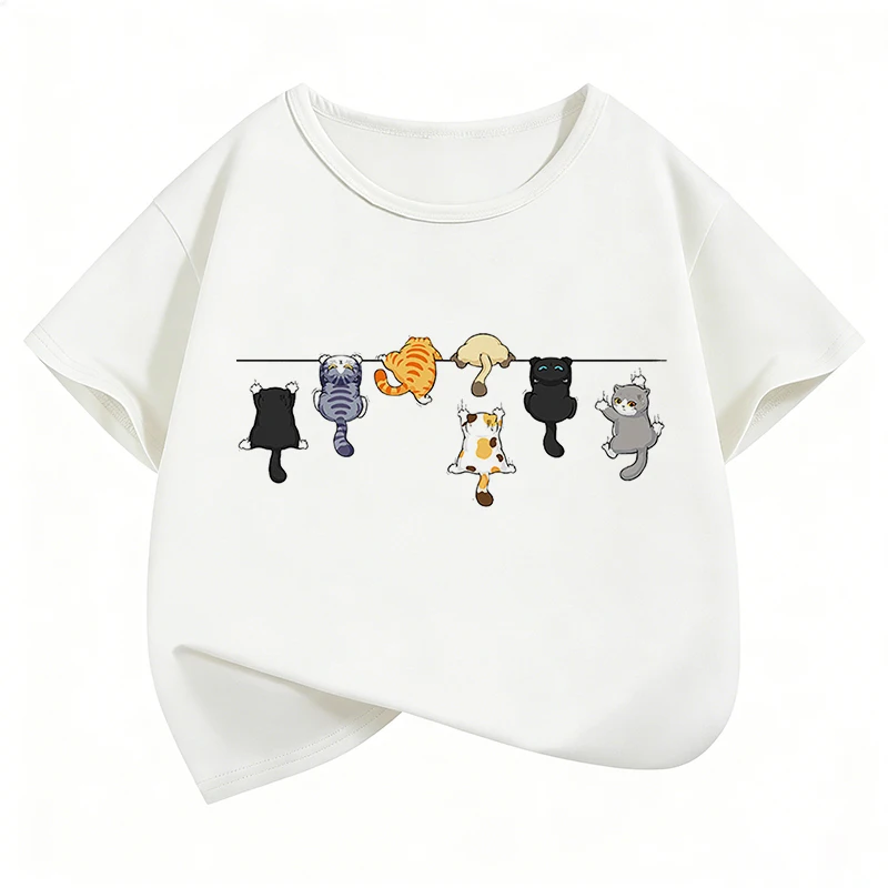 Climbing Cat Pattern Trendy Design Print T Shirts Short Sleeve Kids Children's T-shirt Boys Girls Summer Spring Casual Top Tee