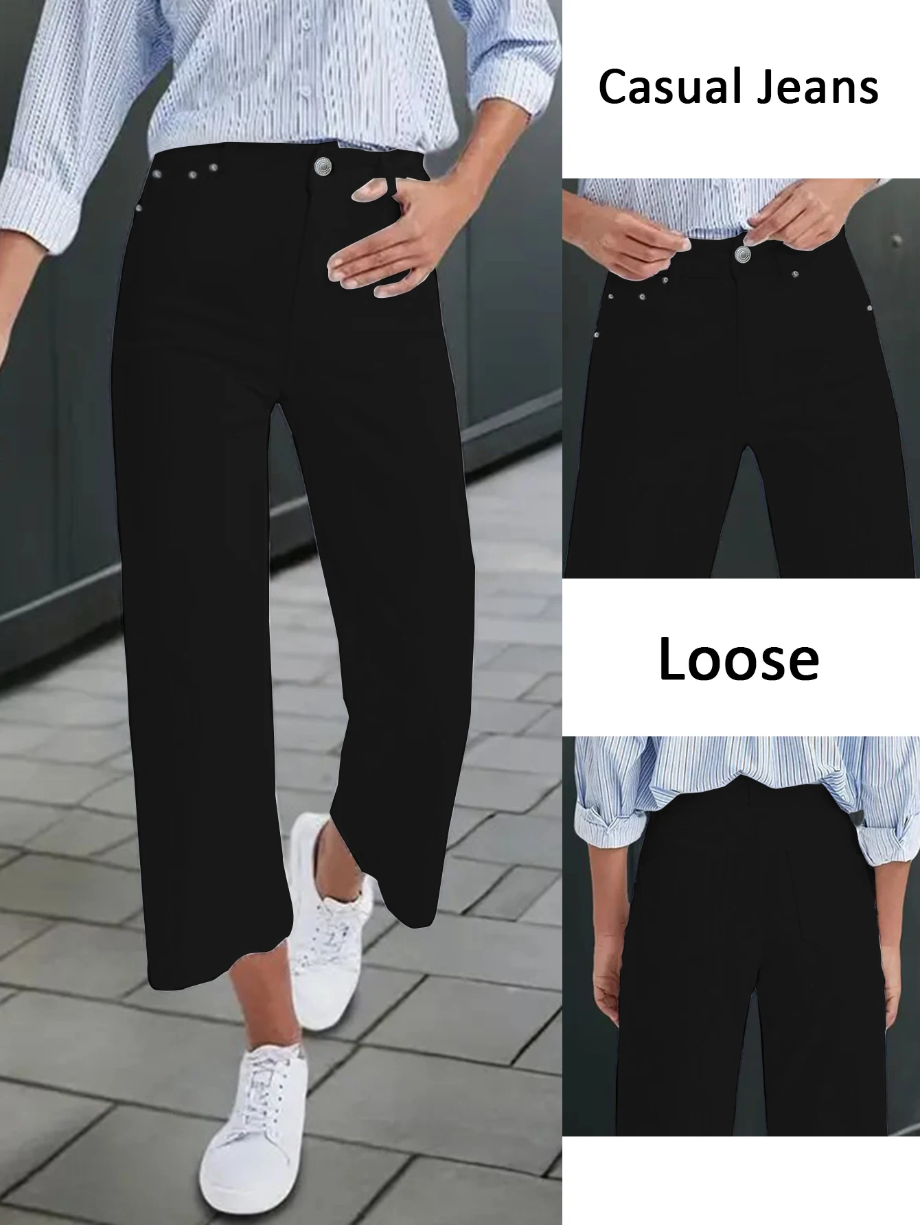 Schwarze, hoch taillierte Neun-Zoll-Jeans mit weitem Bein, stilvolle Arbeitskleidung für Damen. Die entspannte Passform ist sowohl elegant als auch lässig. Schwarz hergestellt