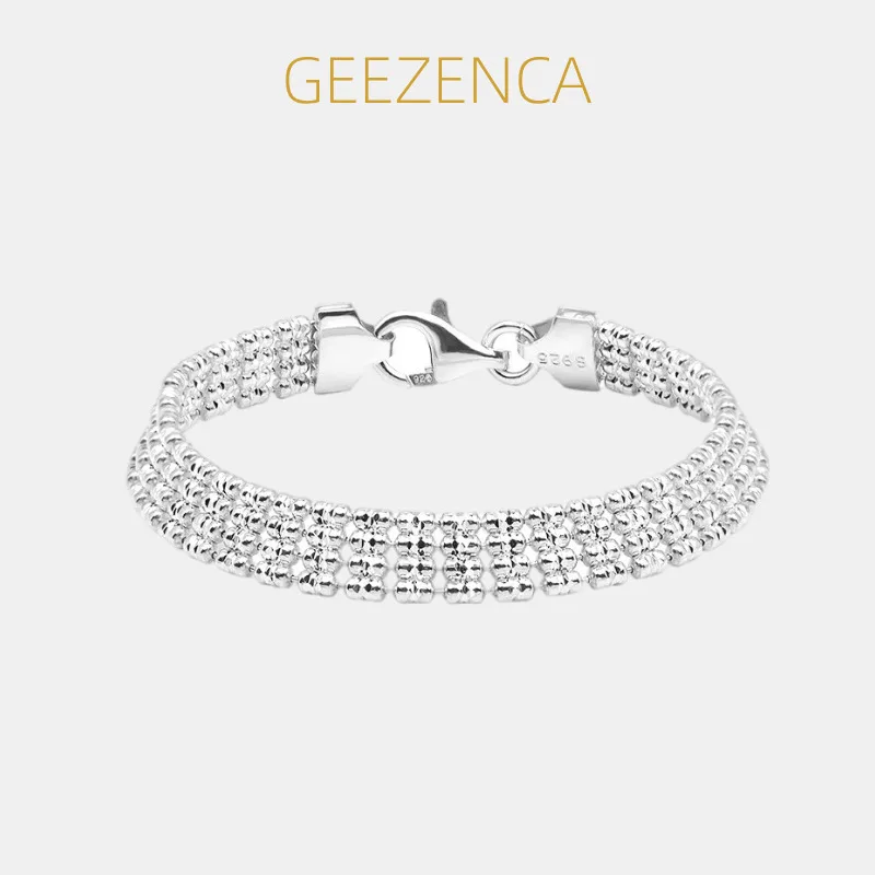 

GEEZENCA Italian Jewelry 925 Sterling Silver Four Rows Engraved Beaded Chain Bracelet for Women 7.8mm Wide Flat Sparkle Bracelet