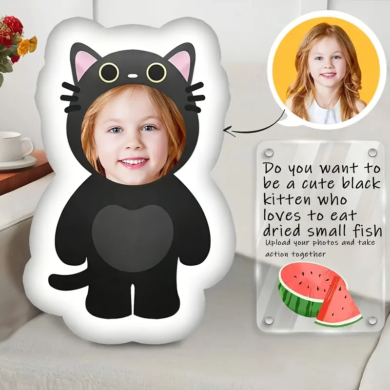 Customizable black cat face plush pillow with personalized photo design, made of soft polyester fiber