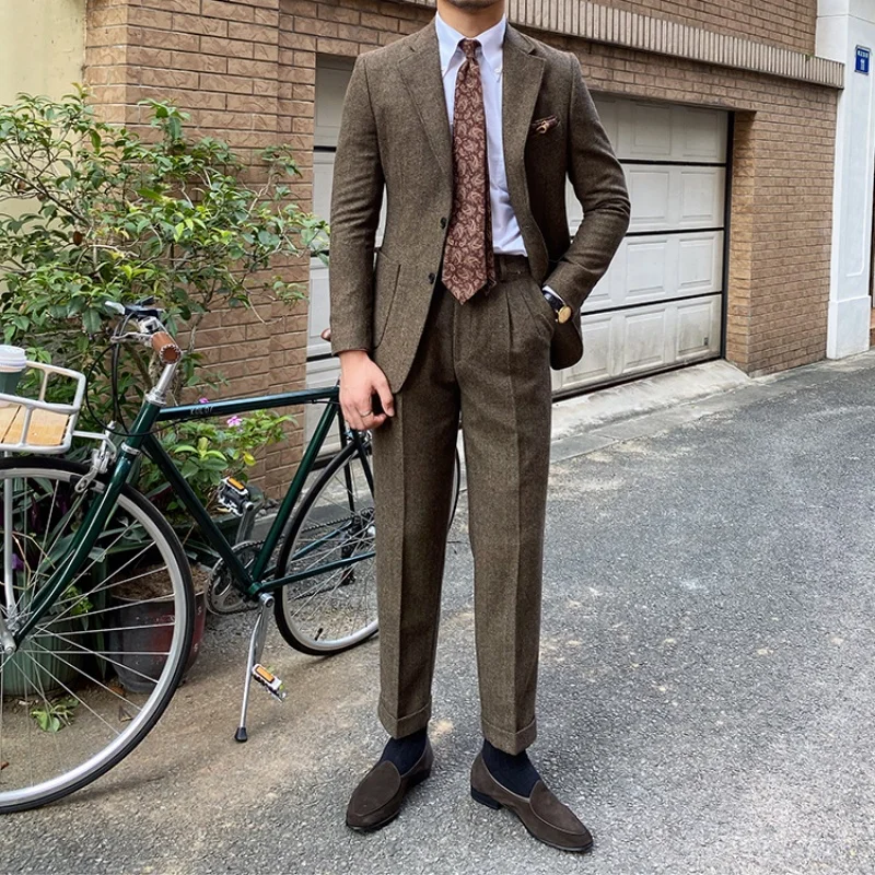 2025 New Retro Herringbone Men's Single-breasted 2-piece Suit Thick style for autumn and winter Formal Elegant Banquet Suit Hot